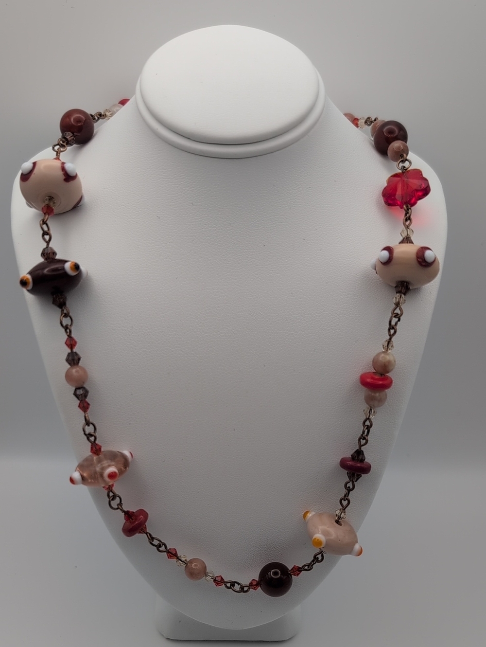 Handcrafted Hand Blown Glass, Jasper, Crystal Bead & Copper Necklace 19"